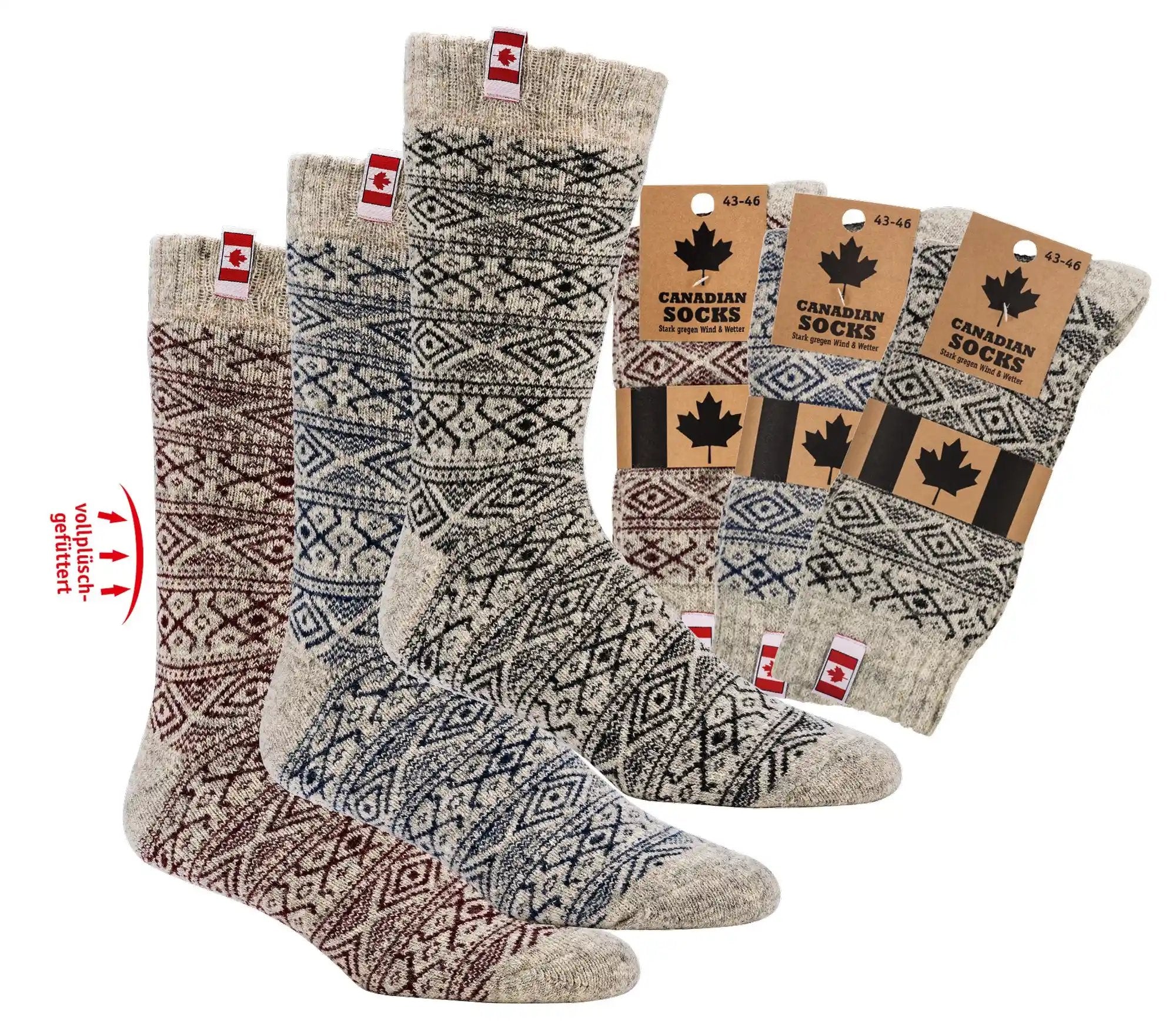 THERMO Norweger Socken Wollsocken mit traditionellem nordischem Muster in Grau, verschiedene Farbakzente, Canadian Style Verpackung mit Ahornblatt-Logo, warme Winterstrumpfe aus Wollmischung