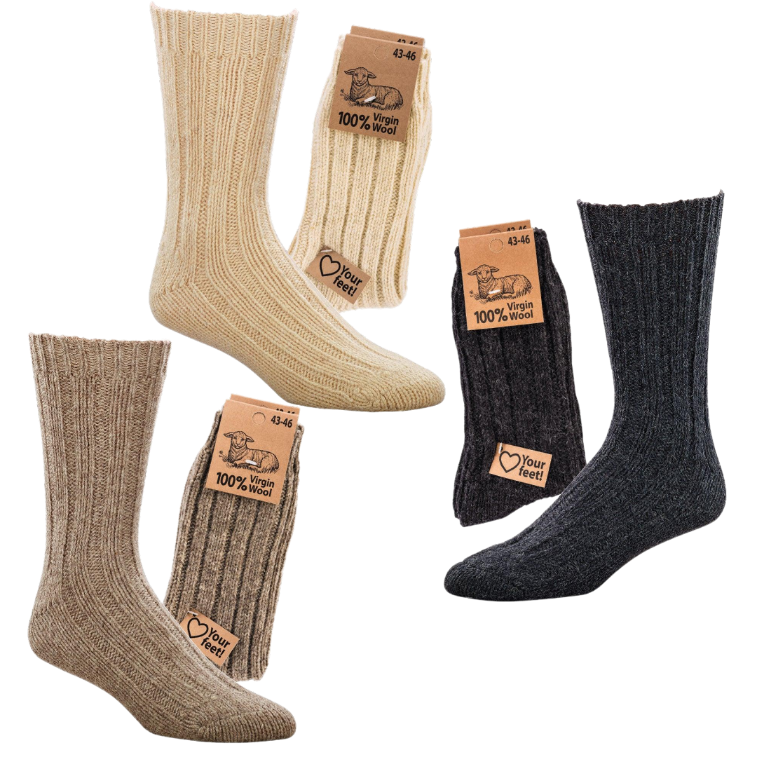 2 Paar warme Wollsocken 100% Virgin Wool Grobstrick Schafwolle in naturfarben, anthrazit und braun, mit Produktetiketten aus hochwertigem Garn gestrickt, ideal für Damen und Herren in verschiedenen Größen