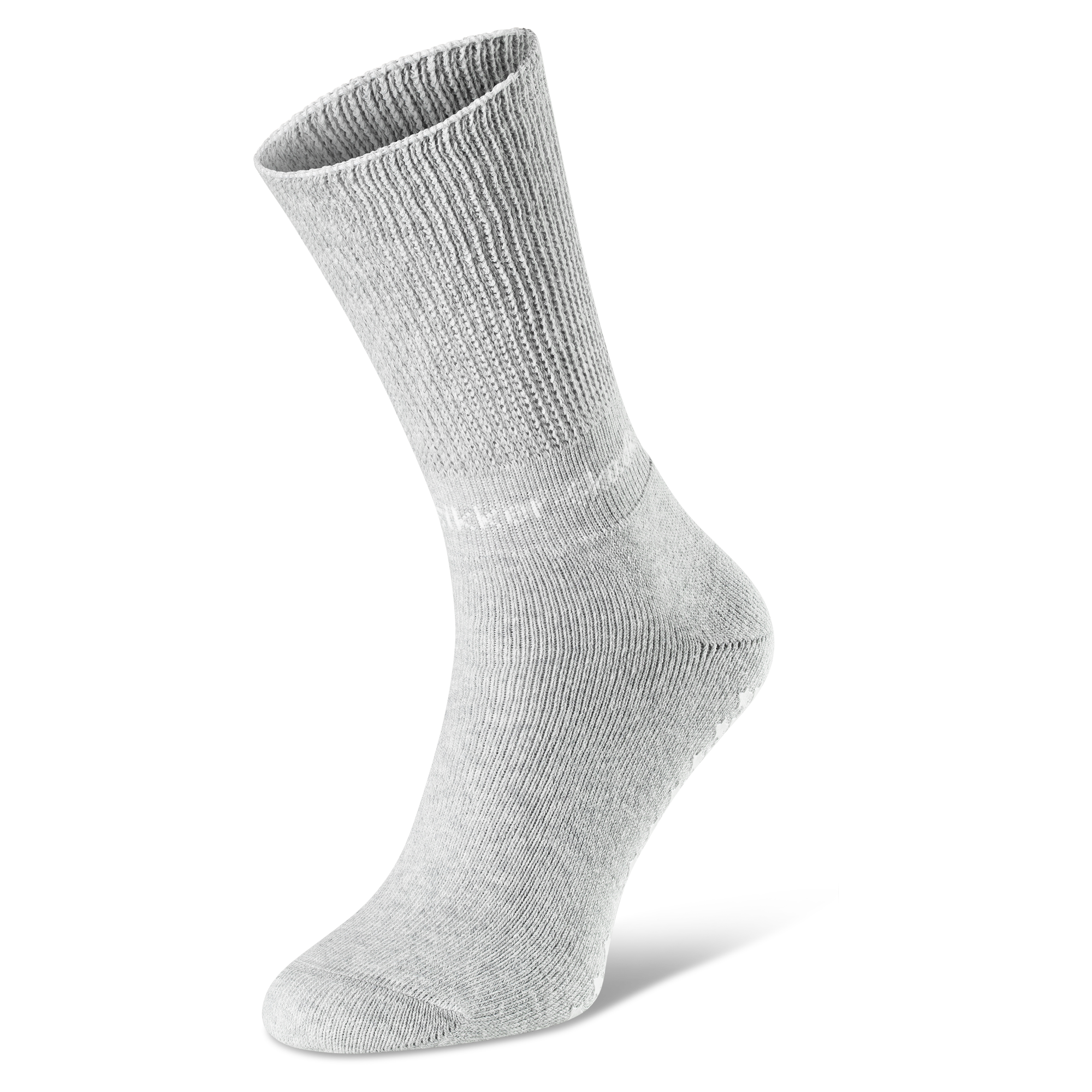 Auf dem Bild siehst du hellgraue ABS Socken mit Spezialbund für Diabetiker oder Menschen mit empfindlichen Füßen