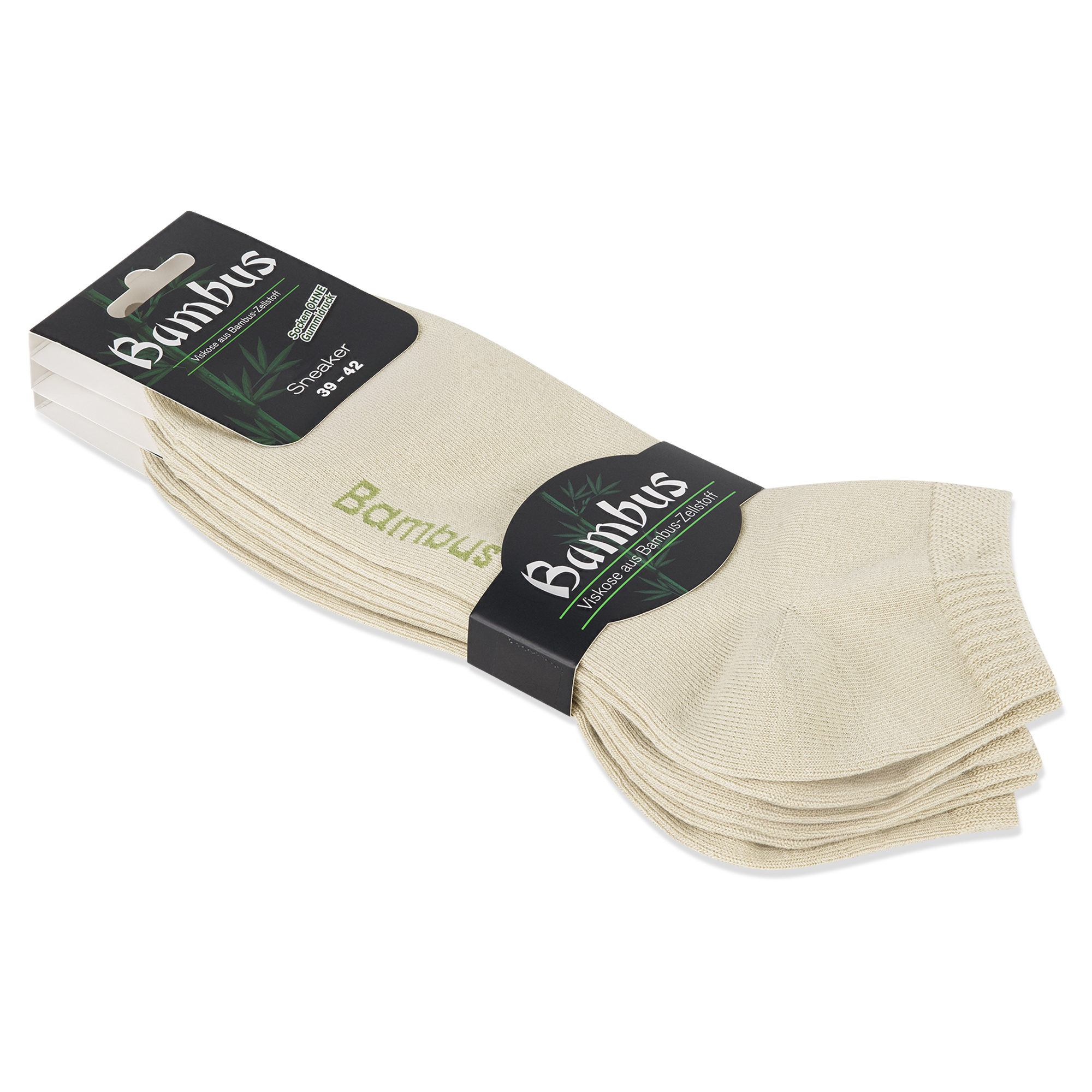 Auf dem Bild siehst du einen beigen 3er Pack Sneaker Socken mit Banderole Bambus und einem Etikett auf dem steht: ohne Gummidruck, Viskose aus Bambuszellstoff.
