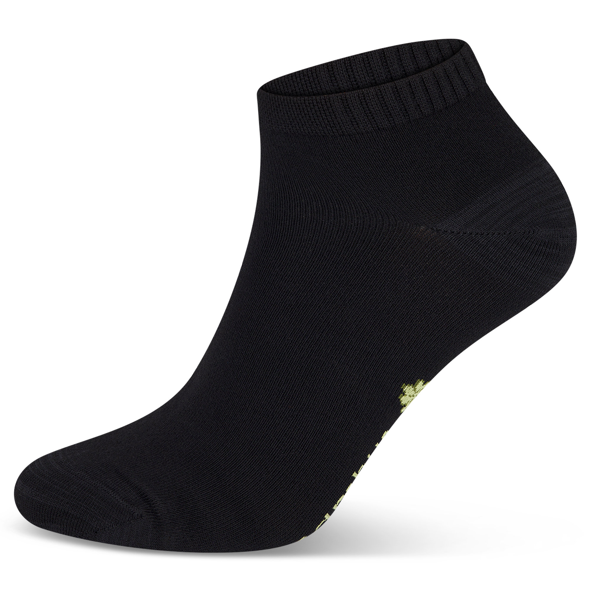 Auf dem Bild siehst du eine schwarze Bambus Viskose Sneaker Socke als Nahaufnahme.