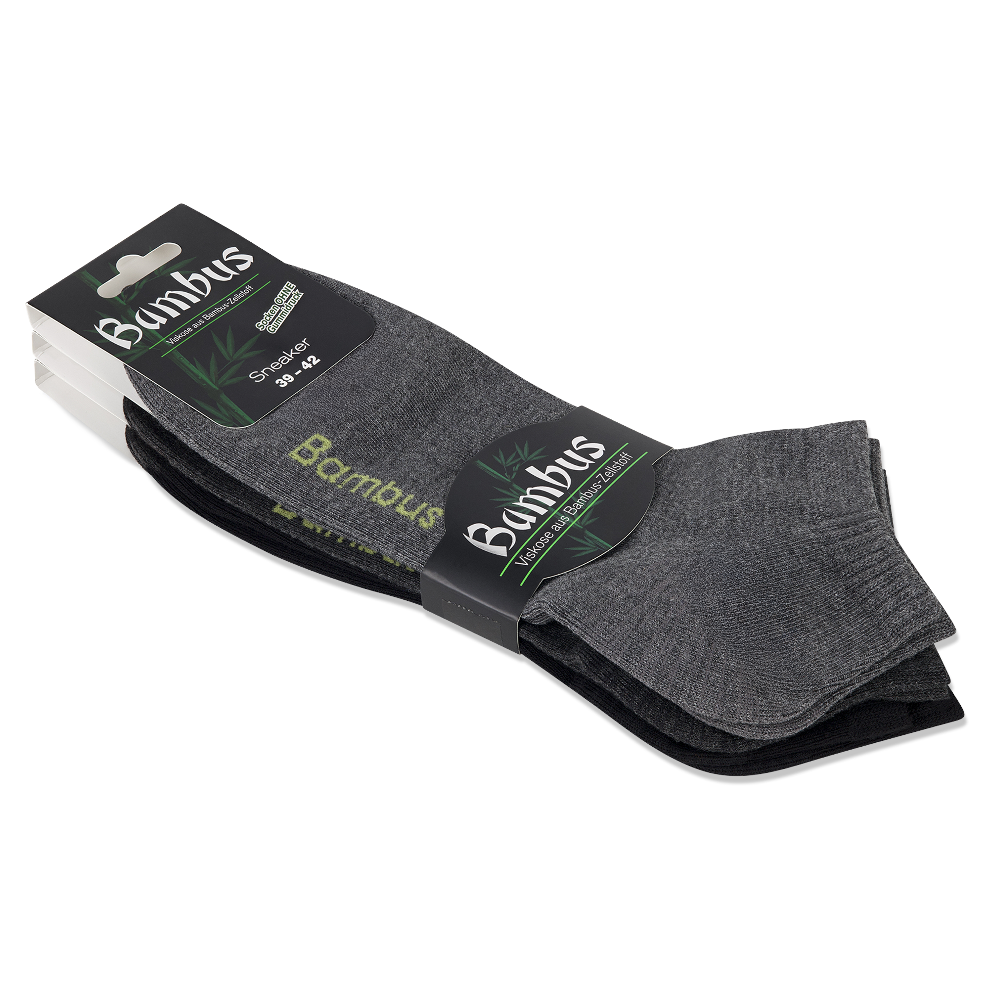 Auf dem Bild siehst du einen grauen 3er Pack Sneaker Socken mit Banderole Bambus und einem Etikett auf dem steht: ohne Gummidruck, Viskose aus Bambuszellstoff.