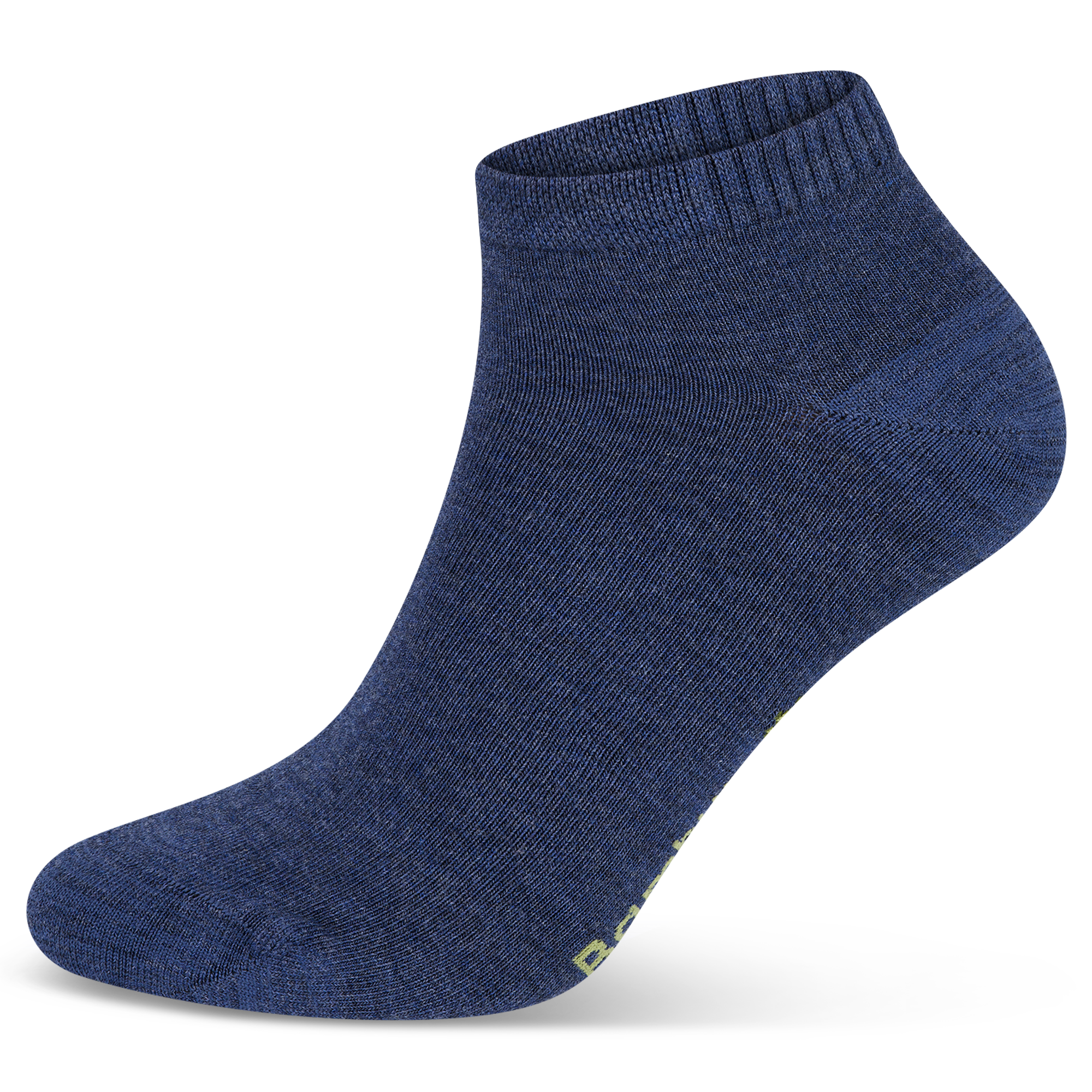 Auf dem Bild siehst du eine jeans
blaue Bambus Viskose Sneaker Socke als Nahaufnahme.