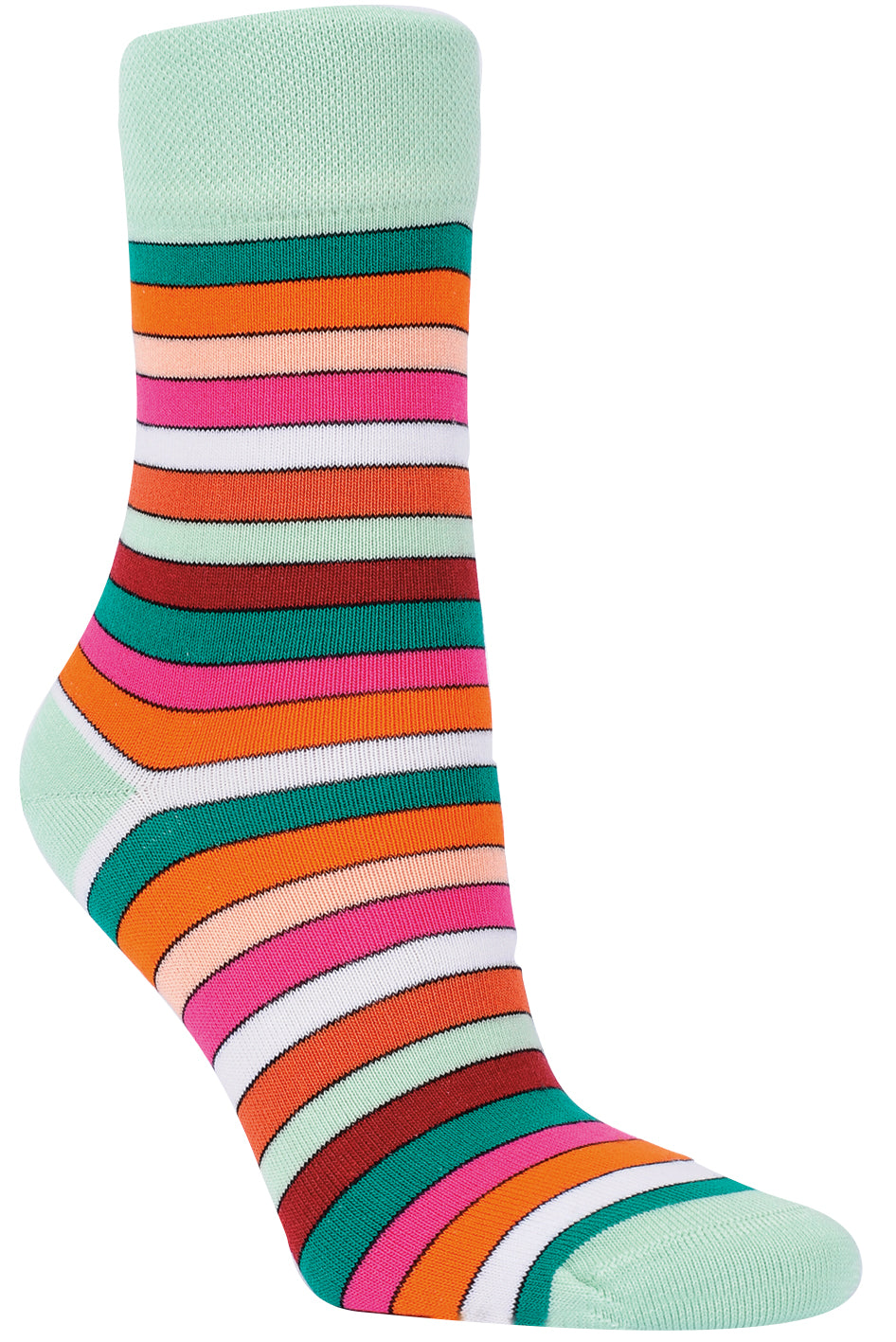 Auf dem Bild siehst du Bambus Viskose Ringelsocken für Damen in grün weiß orange Streifen.