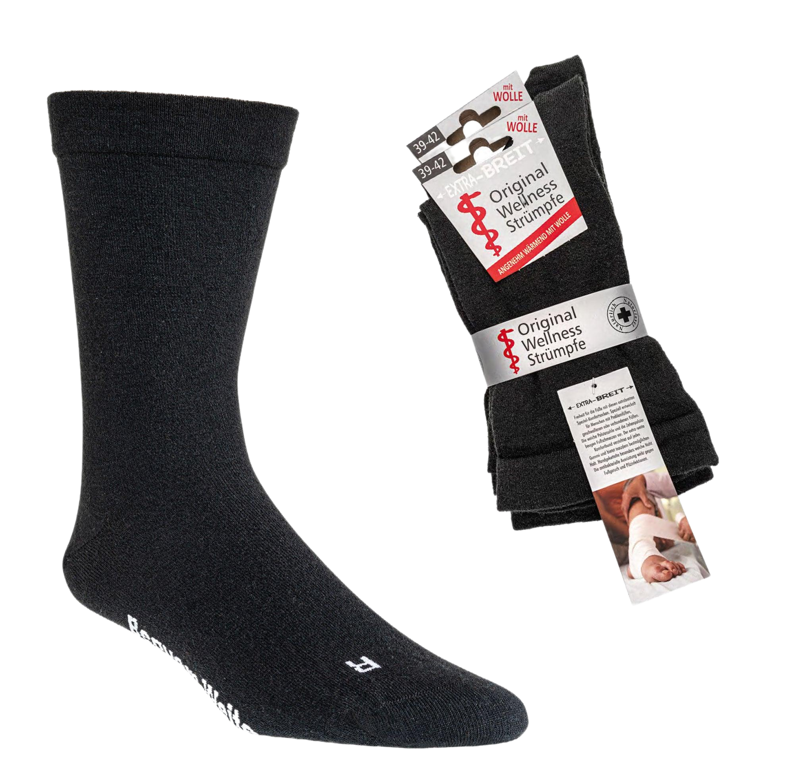 Auf dem Bild siehst du extra weite Socken für Menschen mit verbundenen Füßen oder mit Diabetes.