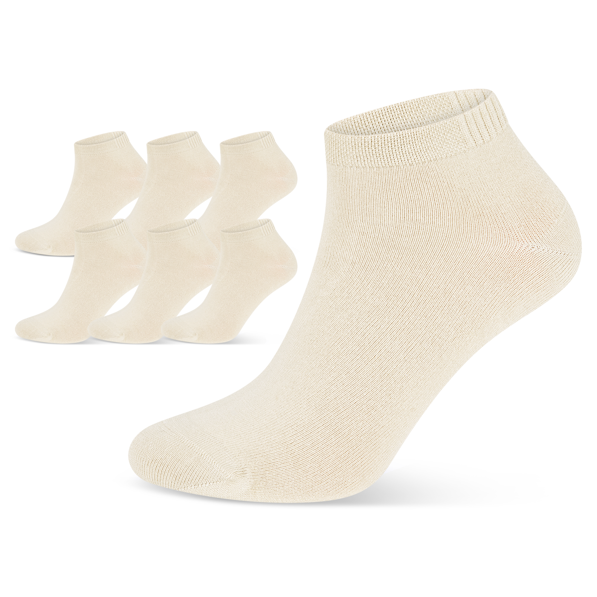 Auf dem Bild siehst du beige Bambus Viskose Socken. Eine Socke im Vordergrund als Nahaufnahem. 6 Paar Socken im Hintergrund.
