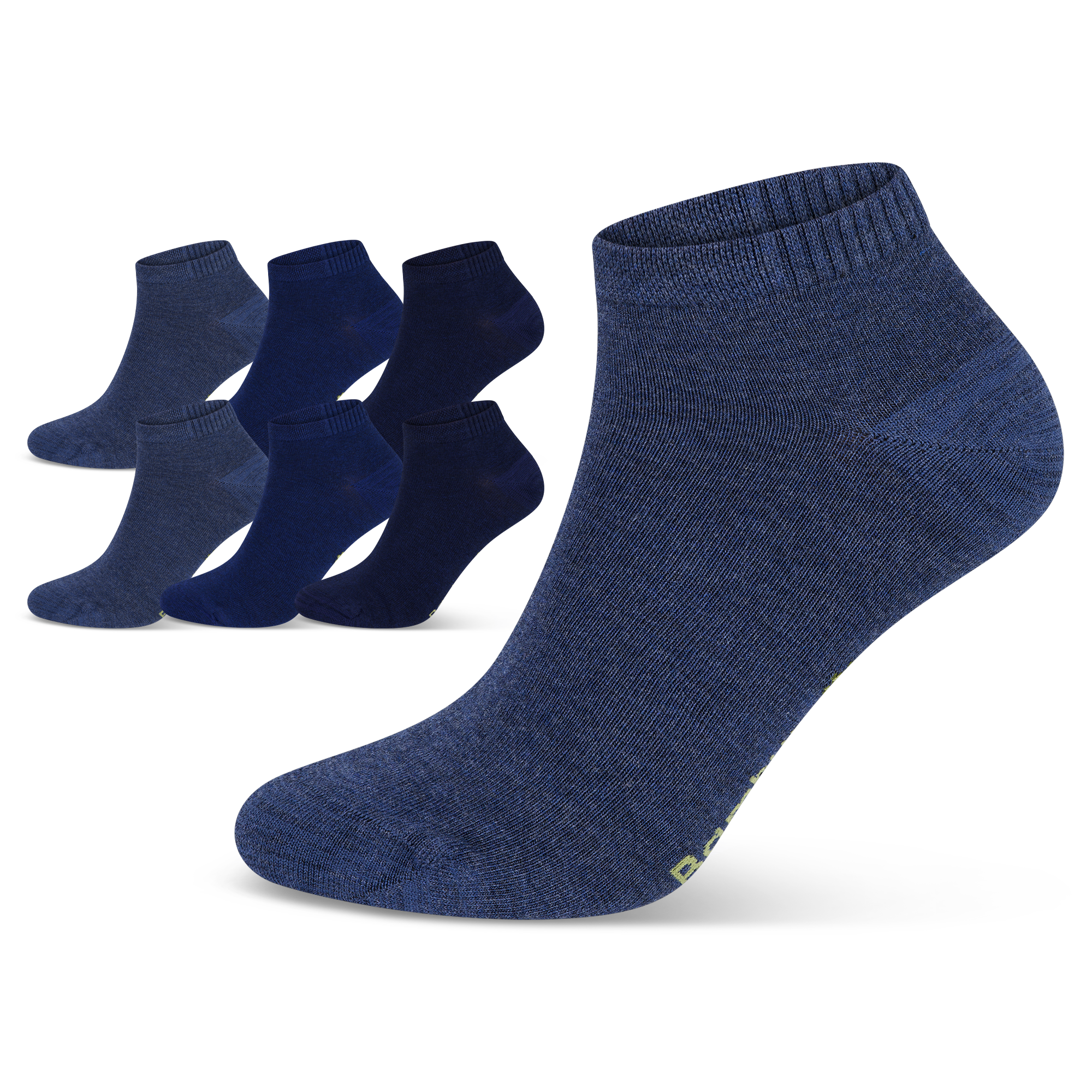 Auf dem Bild siehst du blaue Bambus Viskose Socken. Eine Socke im Vordergrund als Nahaufnahem. 6 Paar Socken im Hintergrund.
