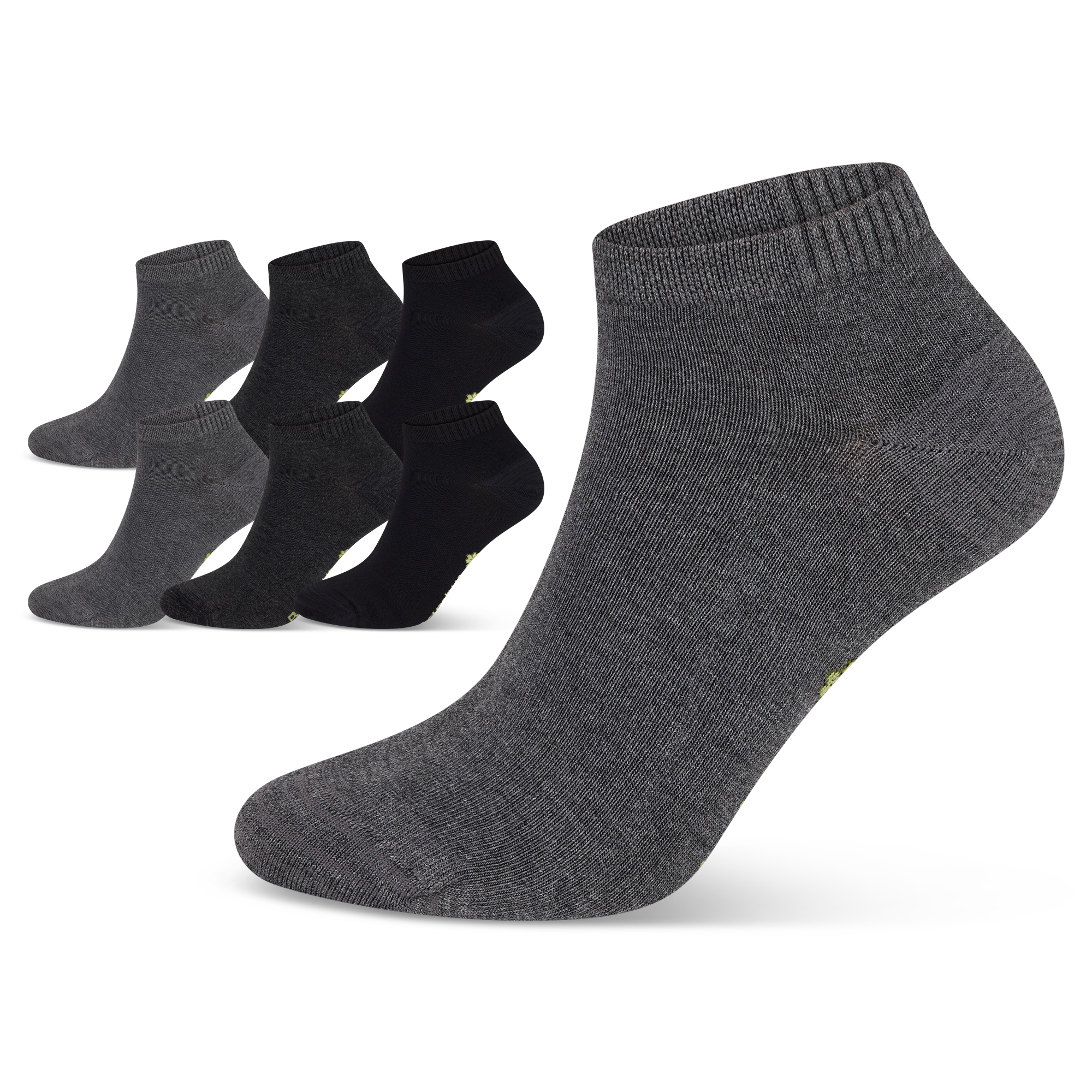 Auf dem Bild siehst du graue Bambus Viskose Socken. Eine Socke im Vordergrund als Nahaufnahem. 6 Paar Socken im Hintergrund.