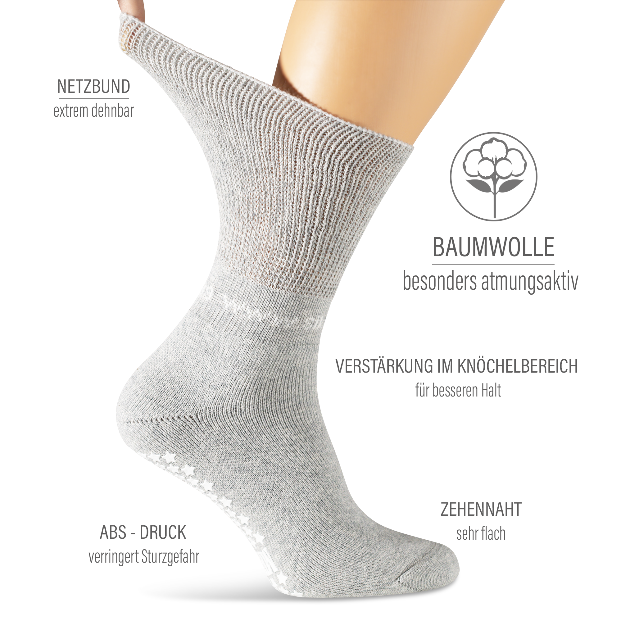 Auf dem Bild siehst du die Vorzüge der Stoppersocken auf einen Blick aufgelistet.