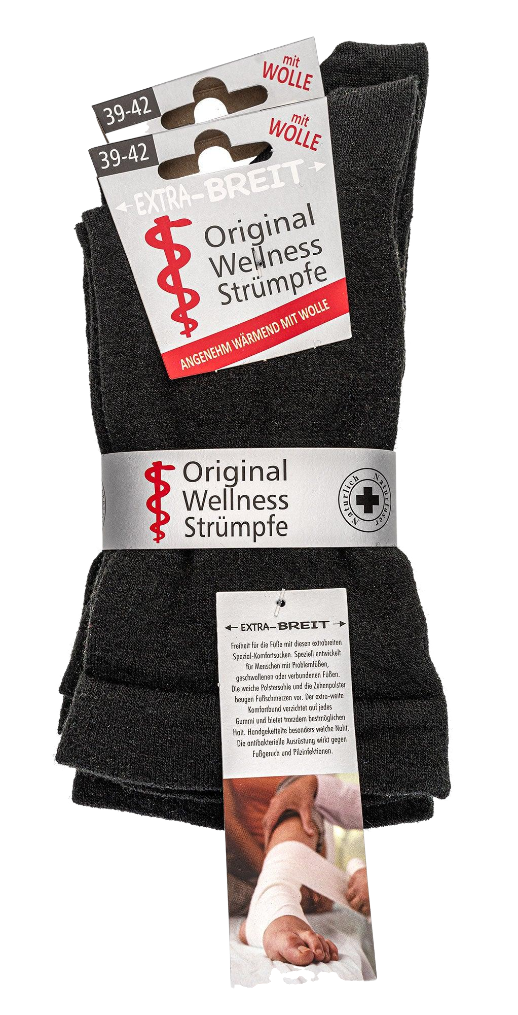 Wellness Strümpfe für geschwollene Füße ohne Gummi im Bund schwarz in original Verpackung.