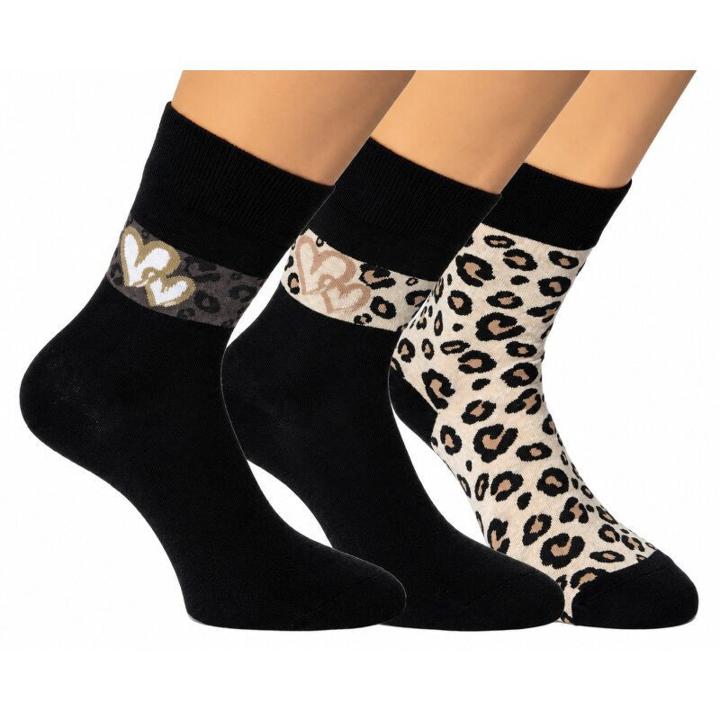 RS Harmony Love Leo Damen Socken mit Herzen und Leopardenmuster im 3er-Pack