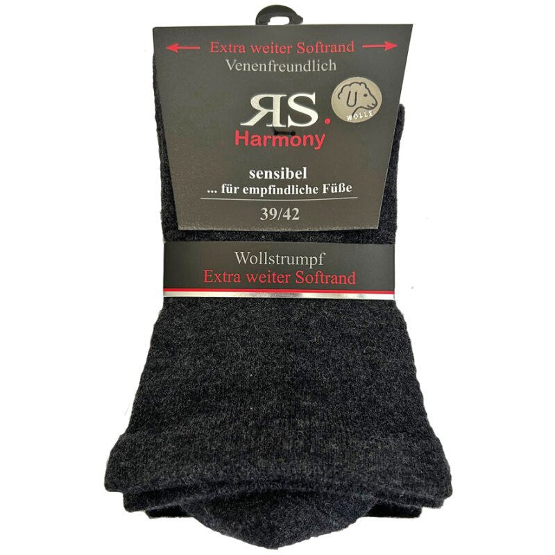 RS Harmony Unisex Wollsocken ohne Gummi im Schwarz-Anthrazit-Mix mit extra breitem Softrand