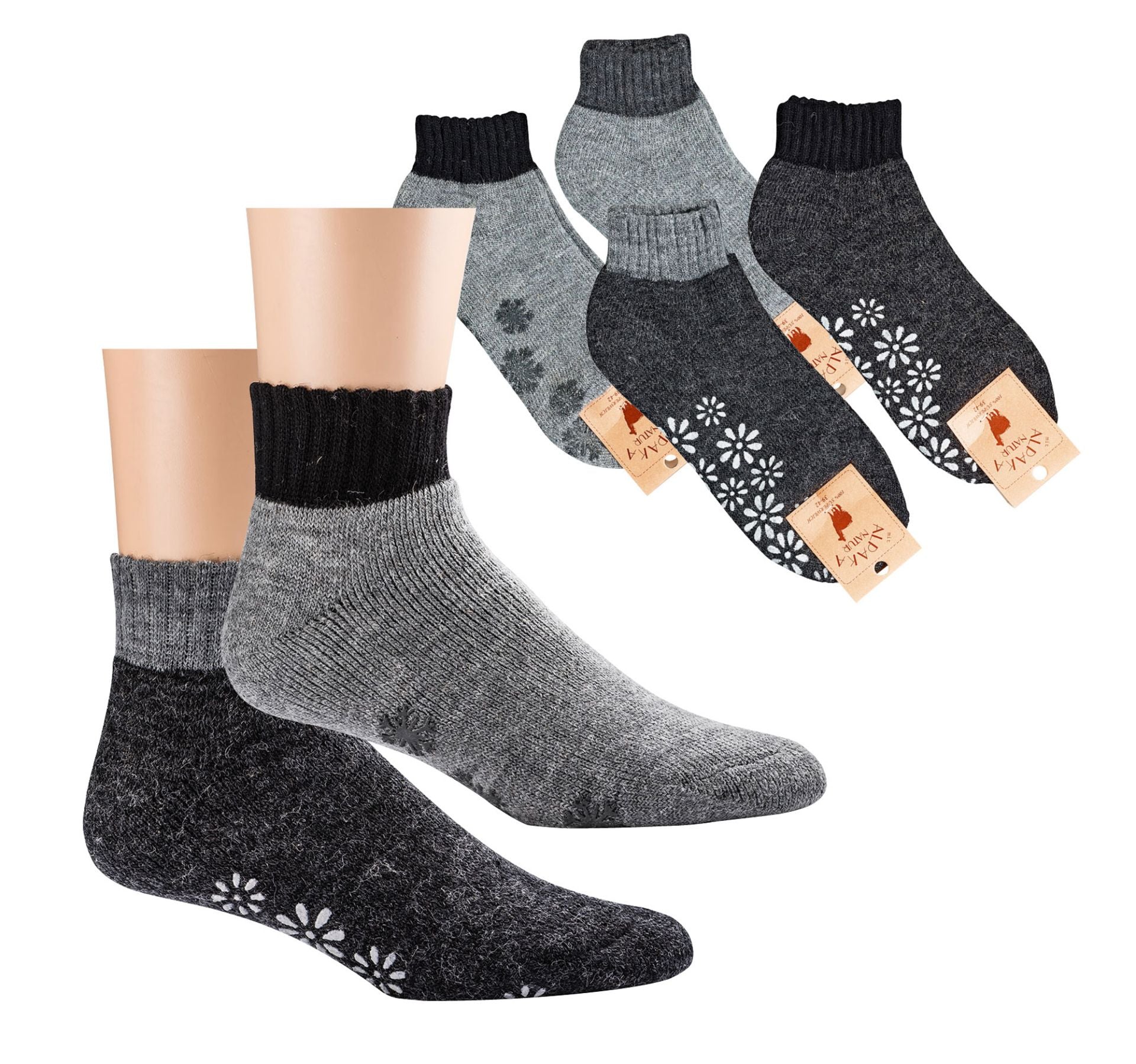 Anti Rutsch Kurzschaftsocken mit Alpakawolle als Variantenübersicht in hellgrau und anthrazit