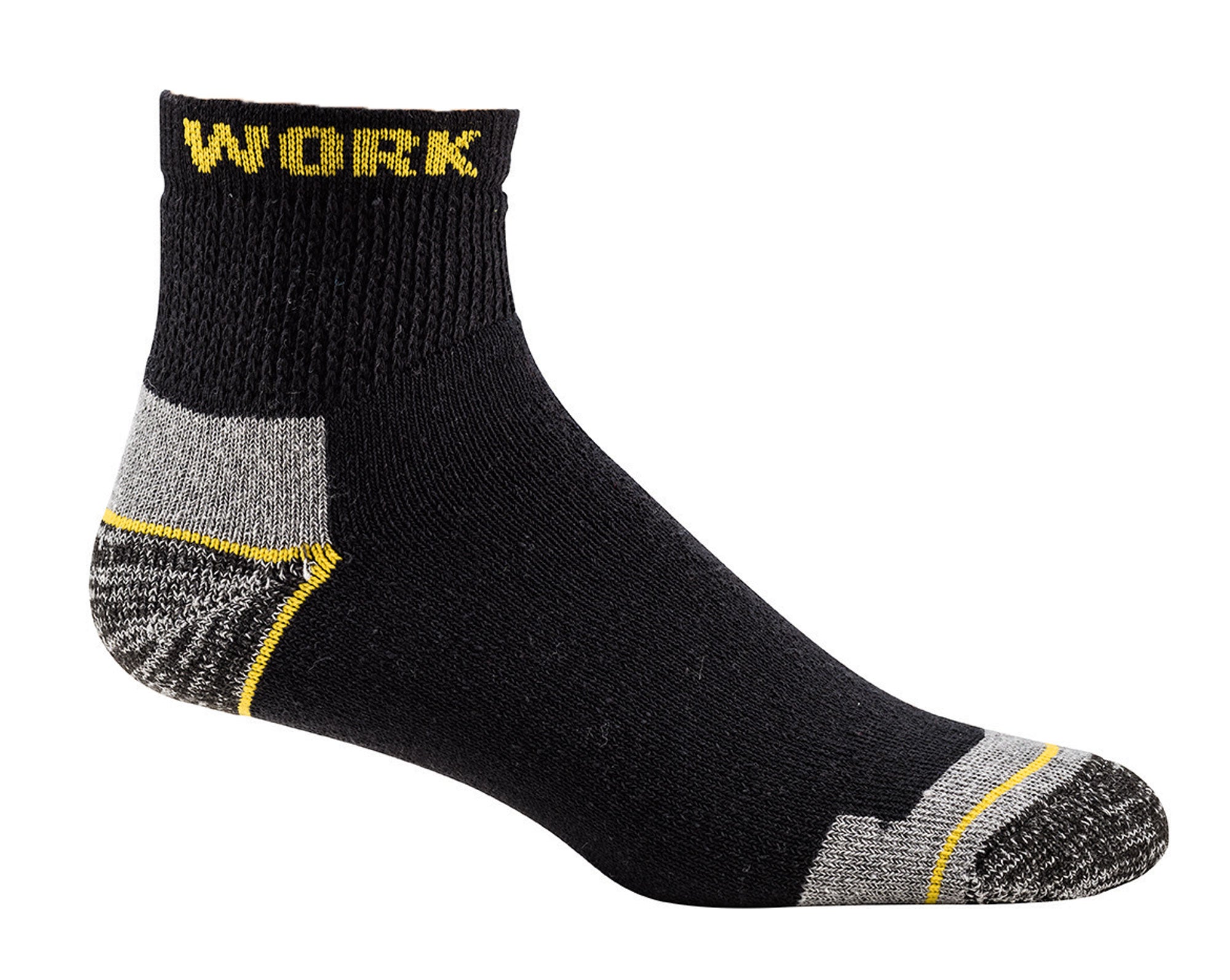 Arbeitssocken Kurzschaft in schwarz mit grau gelb abgesetzt, gepolsterter Vollfrottfuß für Arbeitsschuhe