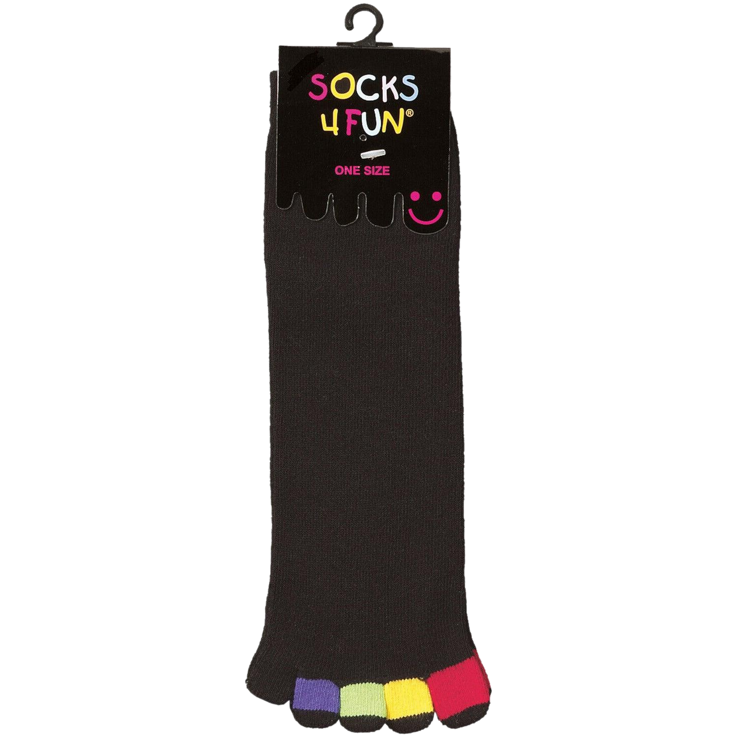 Das Bild zeigt die Zehensocke in schwarz mit bunten zehen im ganzen mit Etikett das Material ist dünn ausgebildet und perfekt für den Sommer.