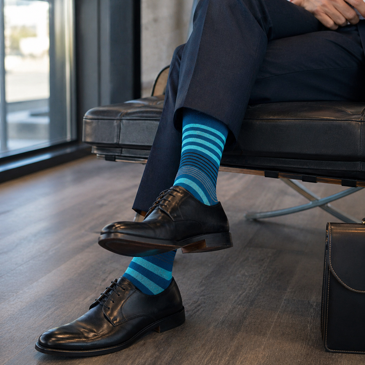 Blaue Bambus Viskose Ringelsocken als modischer Akzent zu Anzughose und Lederschuhen