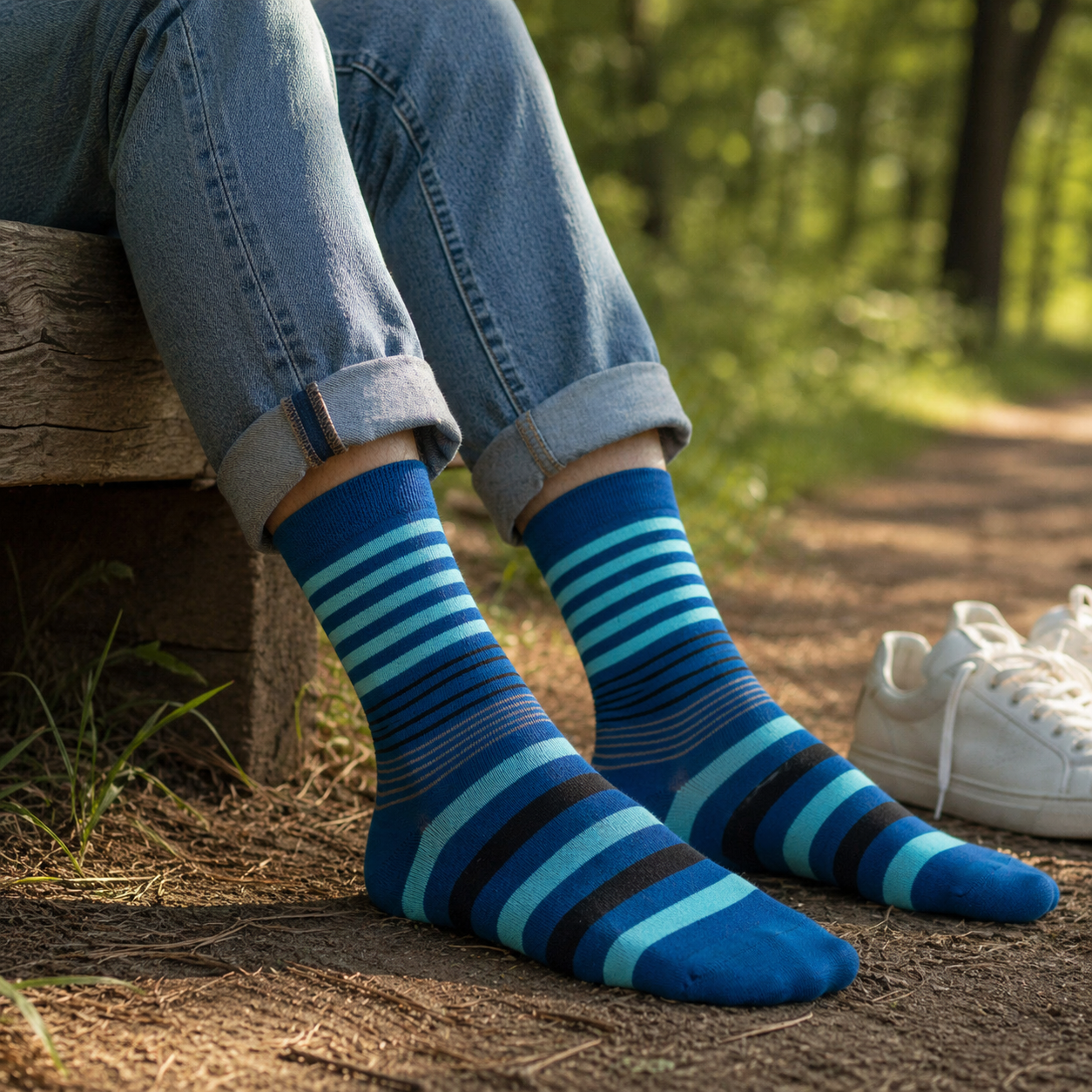 Blaue Bambus Viskose Ringelsocken in Türkis beim entspannten Tragen in der Natur