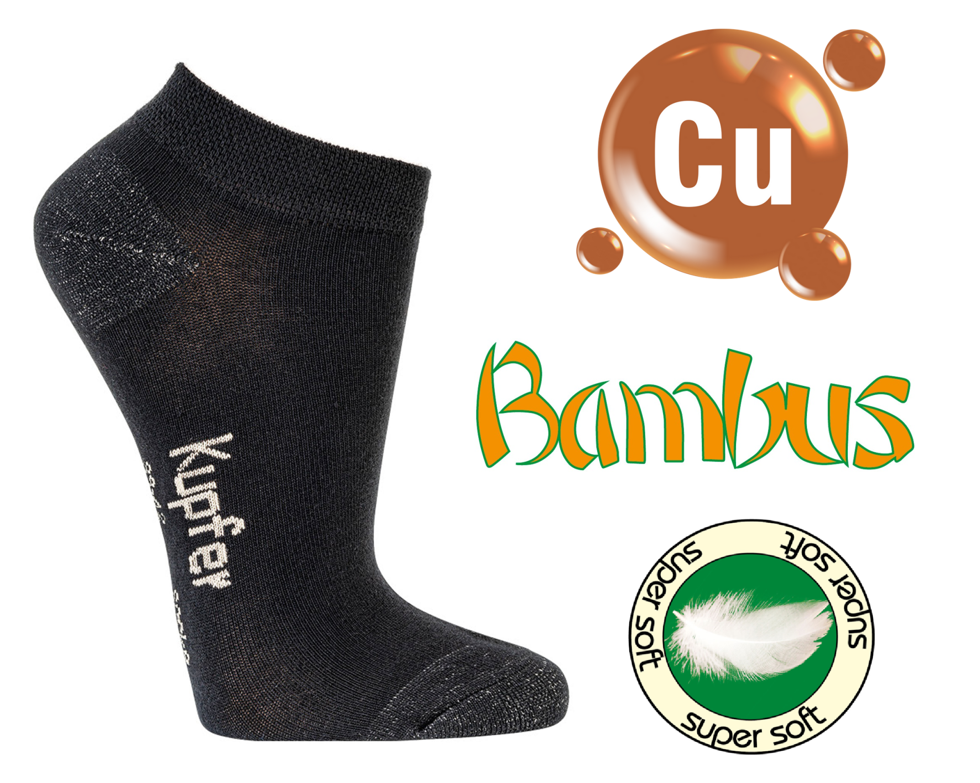 Bambus Viskose Sneaker Socken schwarz mit Kupfer in Spitze und Ferse, Zusatzinfos