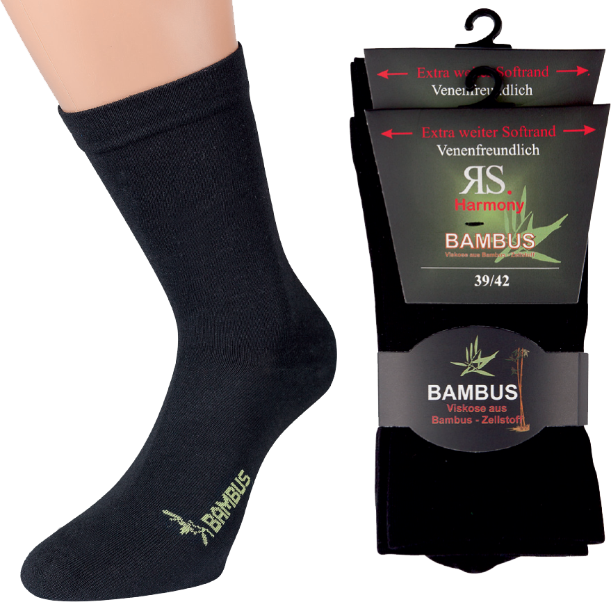 Schwarze Bambus Viskose Socken extra weit mit weichem Bund und Produktverpackung