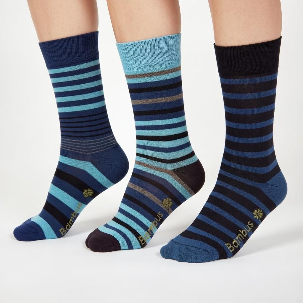 Bambus Viskose Socken mit blauen Streifen, Softrand ohne Gummi, Unisex
