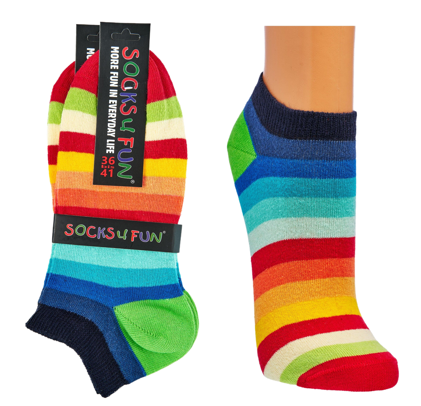2 Paar bunte Sneaker Socken mit Regenbogenstreifen aus Baumwolle in der Produktansicht
