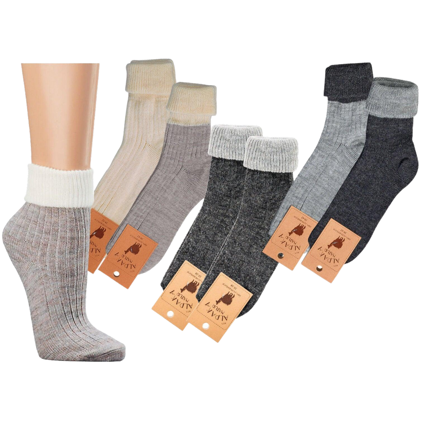 Auf dem Bild siehst du die Umschlagsocken im Bündel mit Etikett versehen und einmal im kompletten abgebildet.