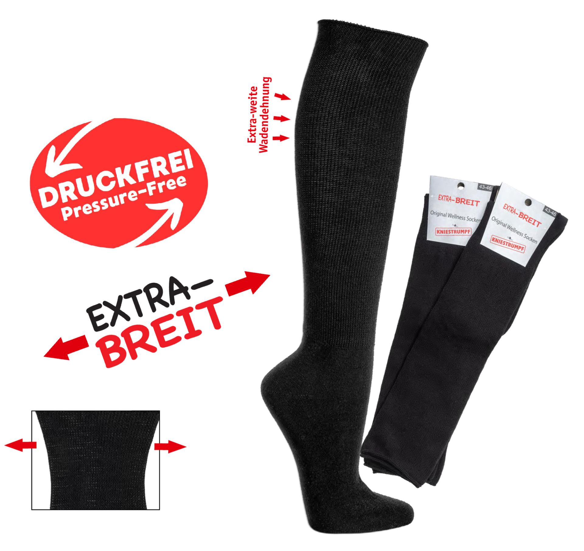 Diabetiker Kniestrümpfe extra weit in Schwarz mit druckfreiem Bund und extra weiter Wadendehnung