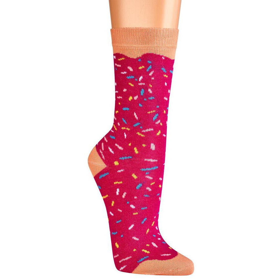 Rote Donutsocken Damen aus Baumwolle mit buntem Streuselmuster