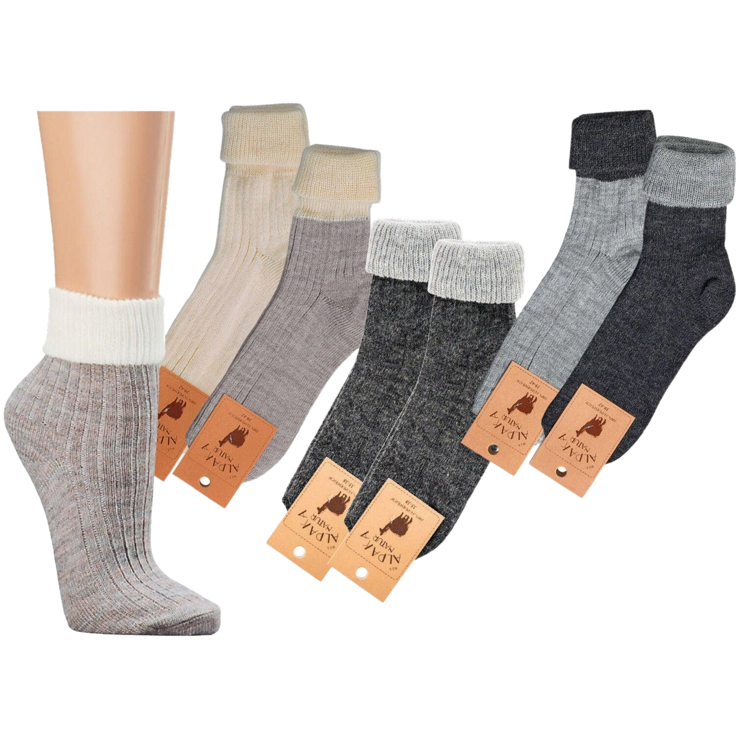 Auf dem Bild siehst du die Umschlagsocken im Bündel mit Etikett versehen und einmal im kompletten abgebildet.
