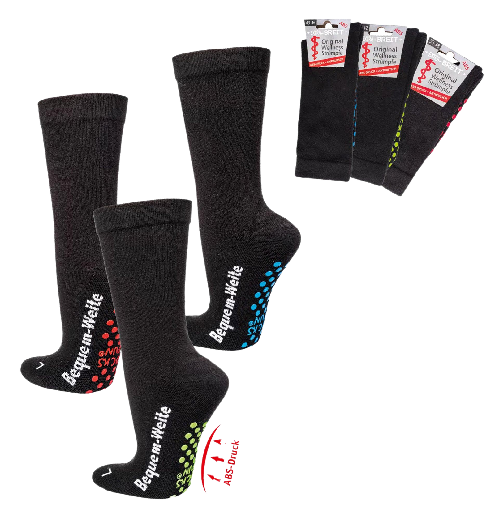 Übersicht extra weiter ABS Diabetikersocken in Schwarz mit Polstersohle, Komfortbund und farbigem ABS Druck