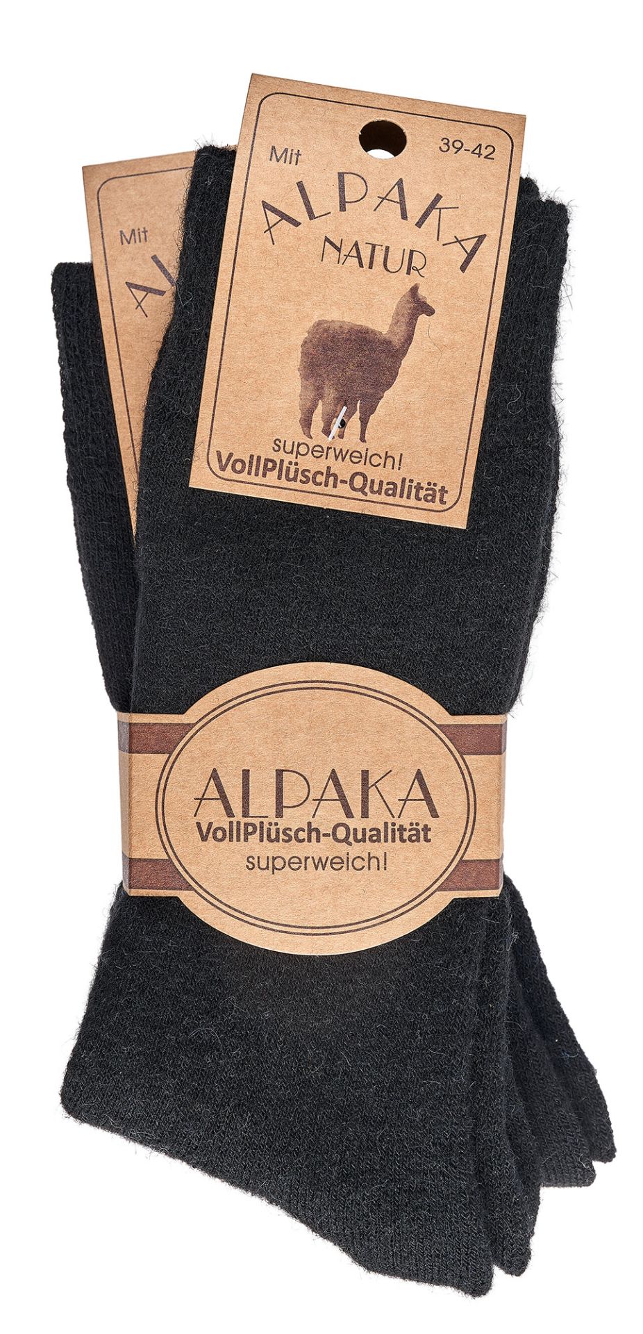 Schwarze Wollsocken mit Alpakawolle, superweich, glattgestrickt, Set mit Etikett