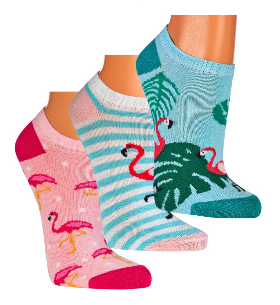 3 Paar Sneaker Socken mit Flamingo Motiv für Damen und Teenager aus Baumwolle in drei bunten Designs