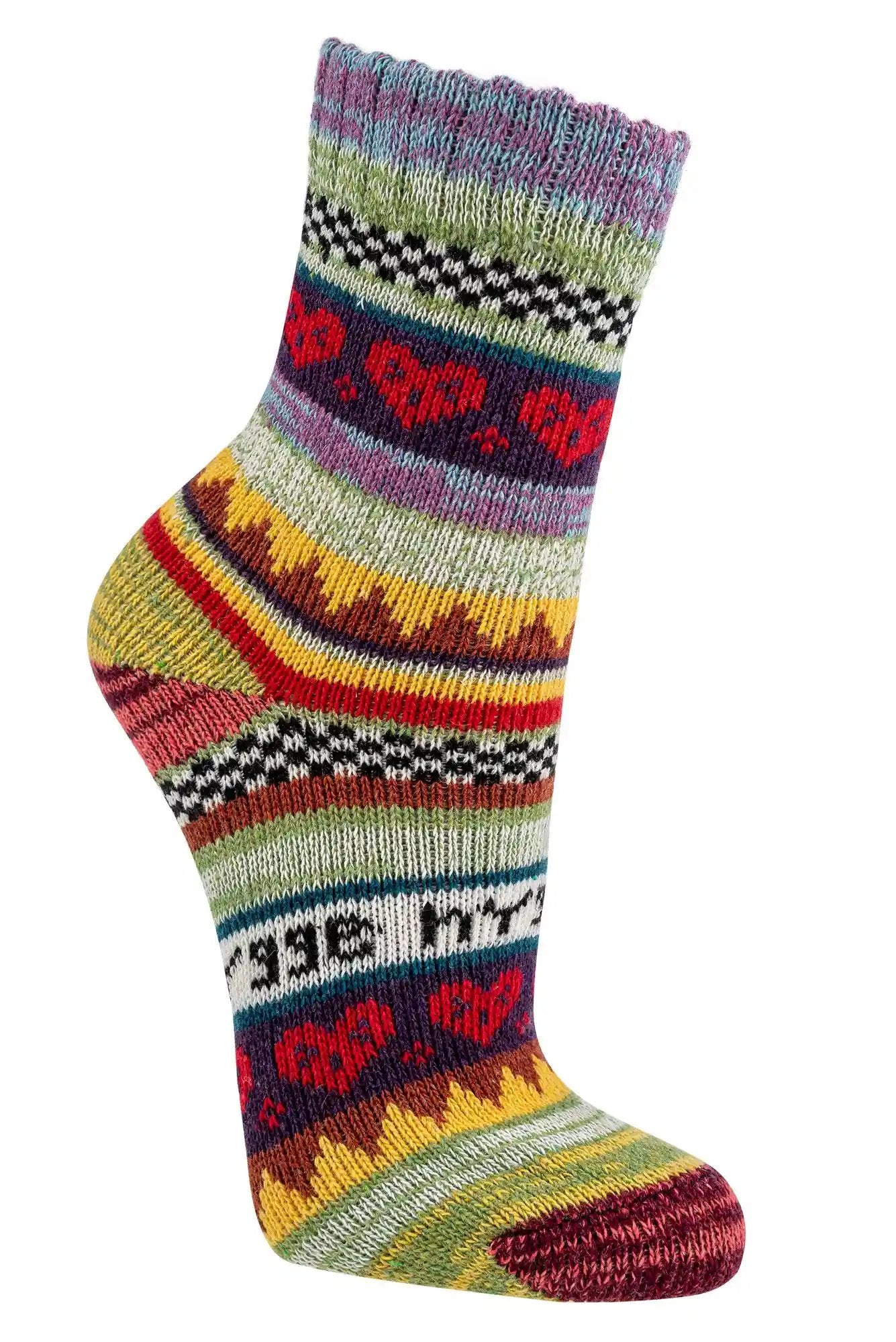 Hygge Socken aus Baumwolle bunt, Norweger Muster mit Herzen, warme dicke Crew Socken