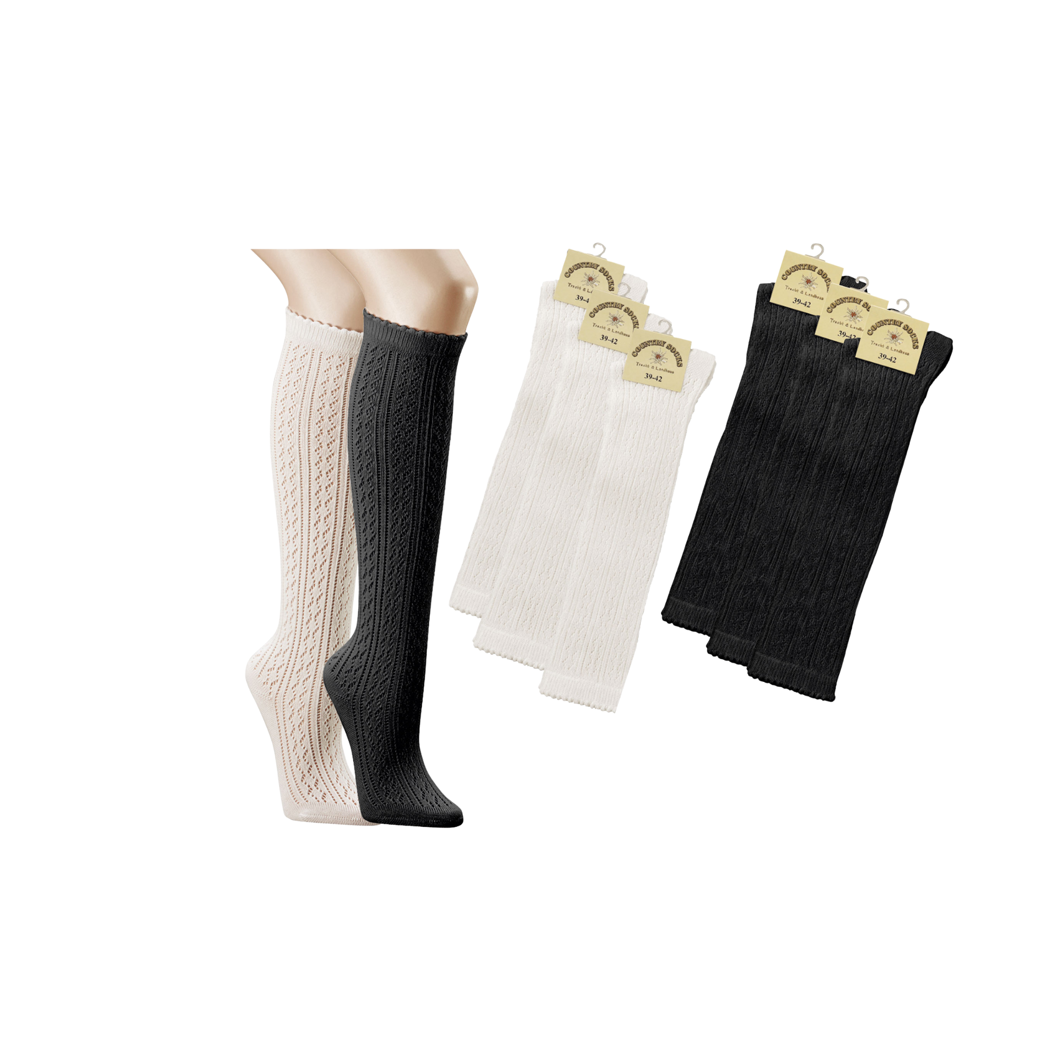 Kniestrümpfe Tracht in Weiß und Schwarz im Häkellook Lochmuster als Variantenübersicht