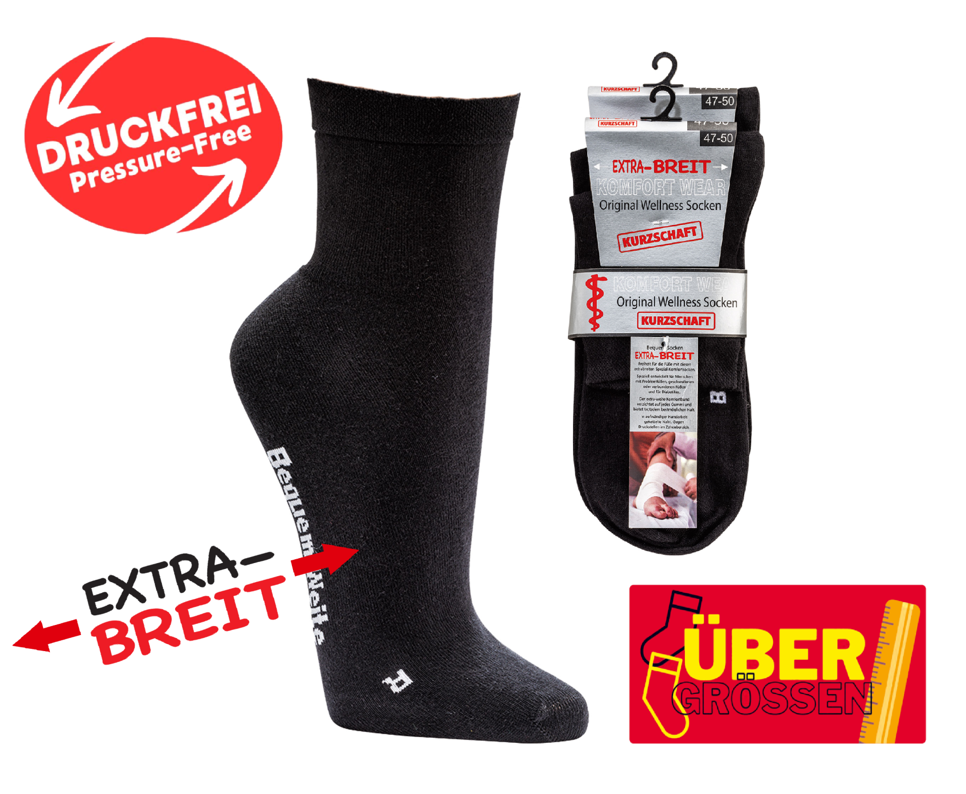 Schwarze extra breite Diabetiker Kurzschaftsocke am Bein mit weichem Bund ohne Gummidruck und Verpackung