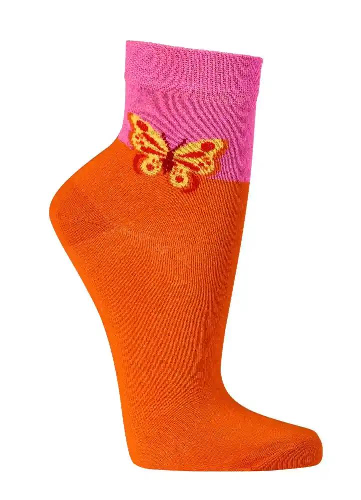 Orange Kurzschaftsocken Damen aus Baumwolle mit pinkem Bund und Schmetterlingsmotiv, formstabil durch Elasthan