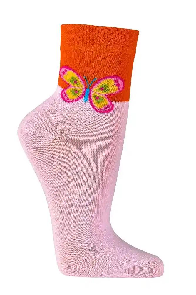 Rosa Kurzschaftsocken mit orangem Bund und Schmetterlingsmotiv, bunte Motivsocken für frische Alltagslooks