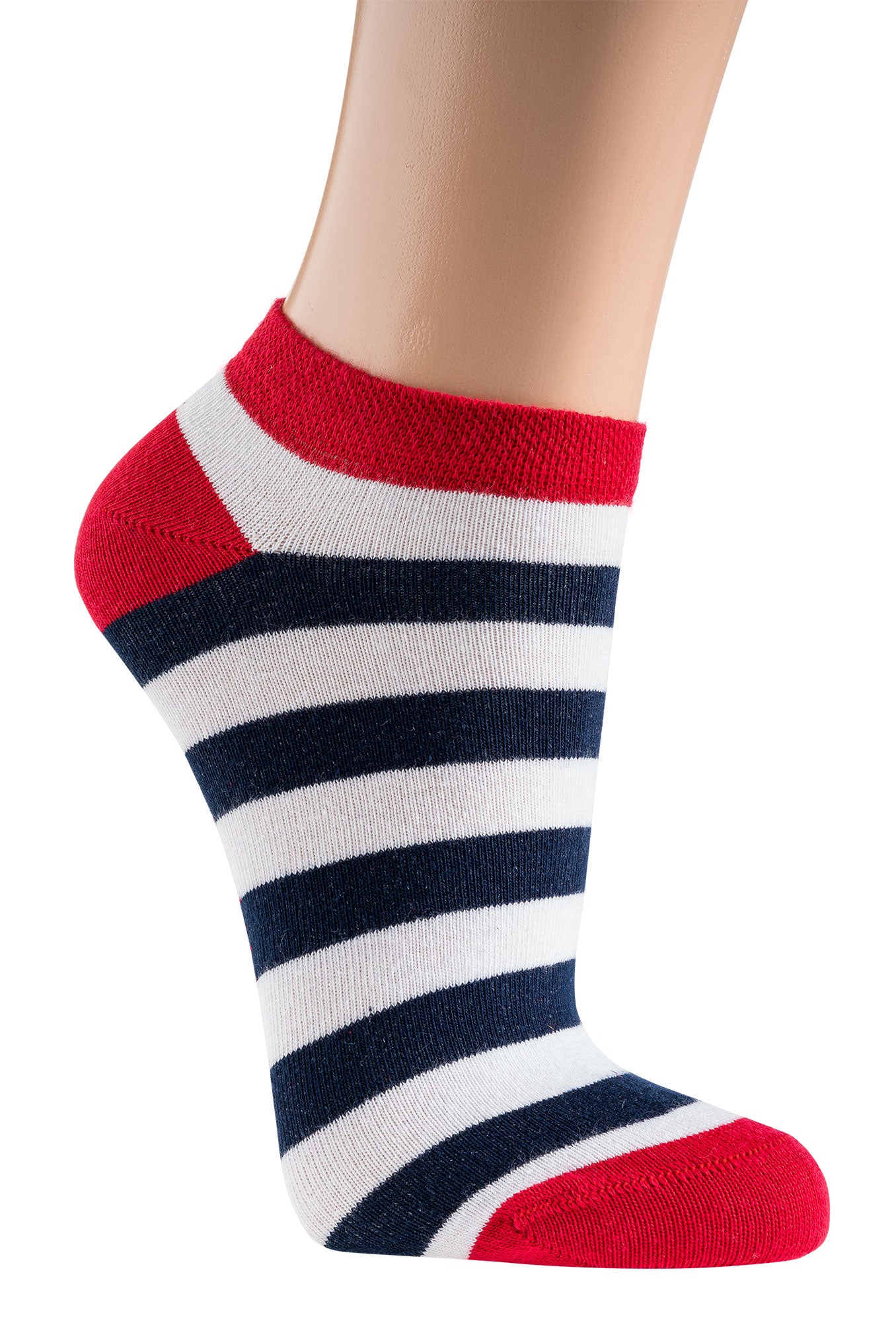 Maritime Sneaker Socken mit weißen Ringeln und roter Spitze für Damen und Teenager