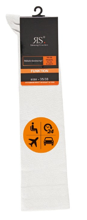 Weiße Reisestrümpfe in Verpackung, knielange Stützstrümpfe für Damen und Herren