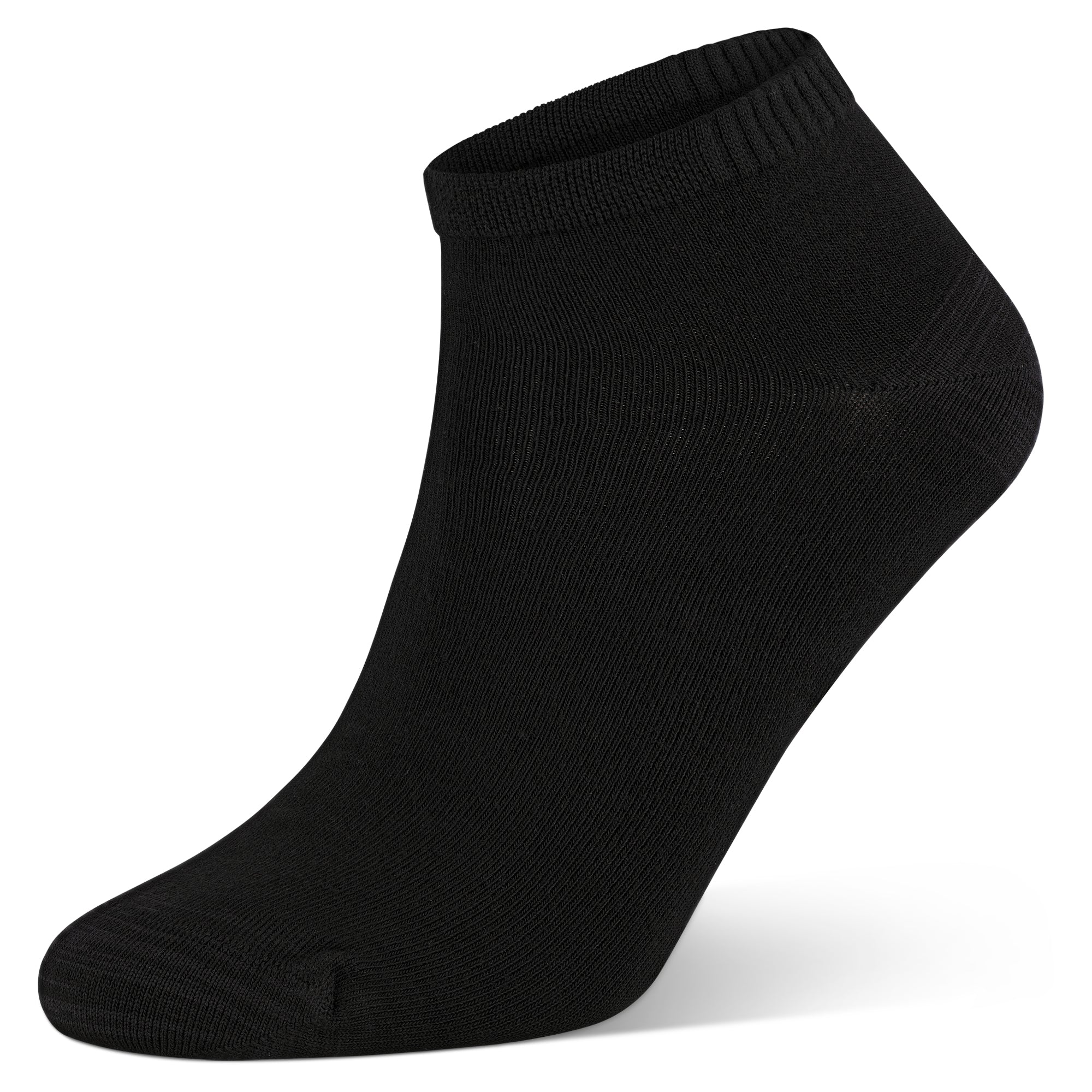 Auf dem Bild siehst du eine schwarze Bambus Viskose Sneaker Socke als Nahaufnahme.