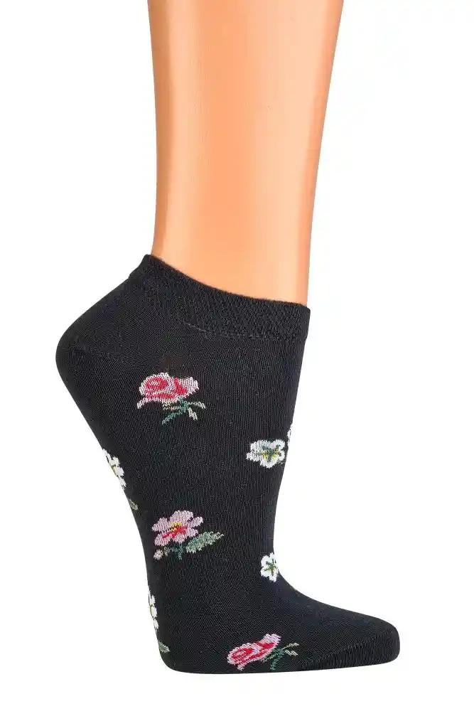 Schwarze Sneaker Socken mit Blumenmotiv aus gekämmter Baumwolle, handgekettelte Spitze ohne störende Naht