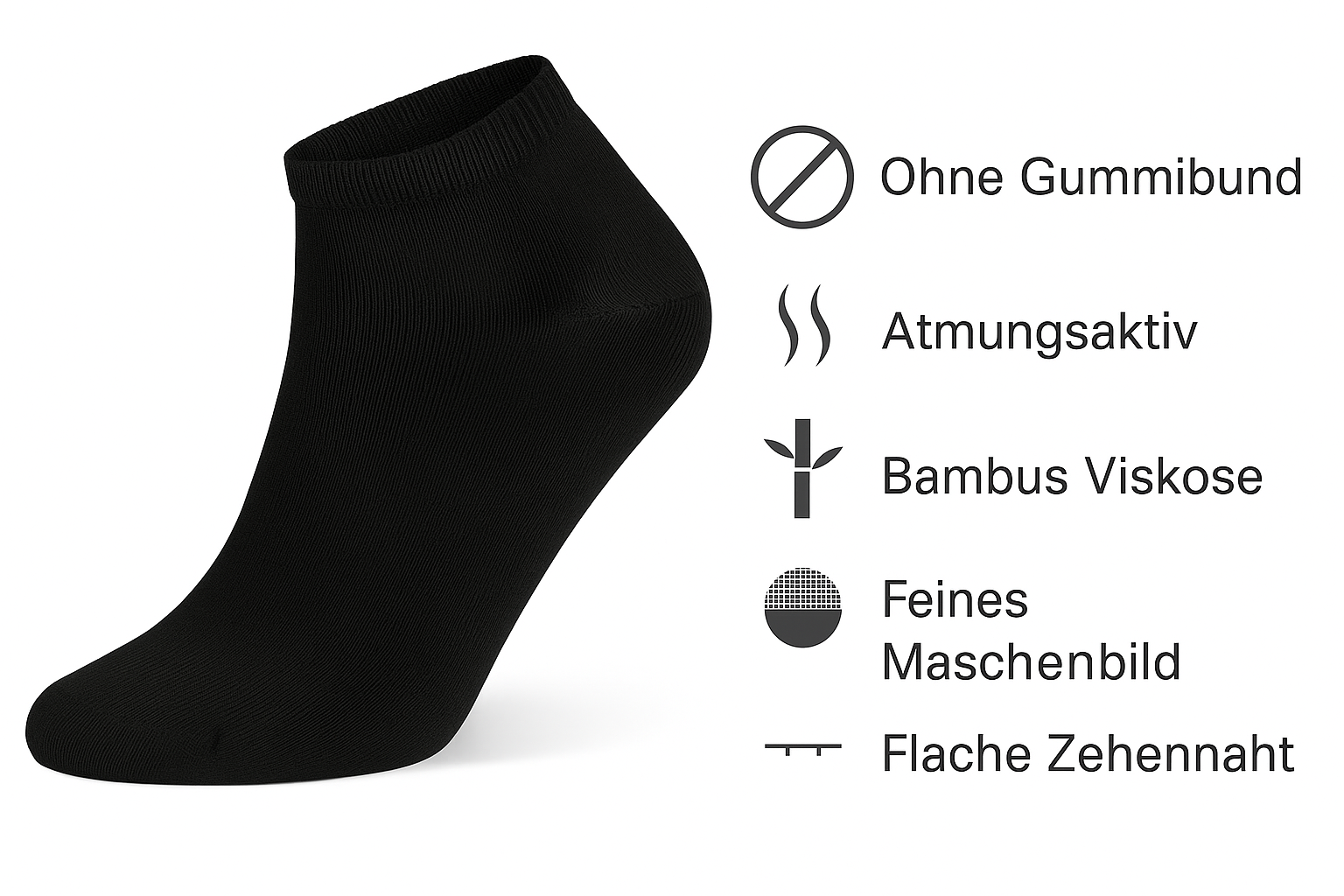 Auf dem Bild siehst du eine schwarze Sneaker Socke und eine Auflistung der Vorteile dieser Socke: Ohne Gummi, atmungsaktiv, feines Maschenbild, flache Zehennaht.