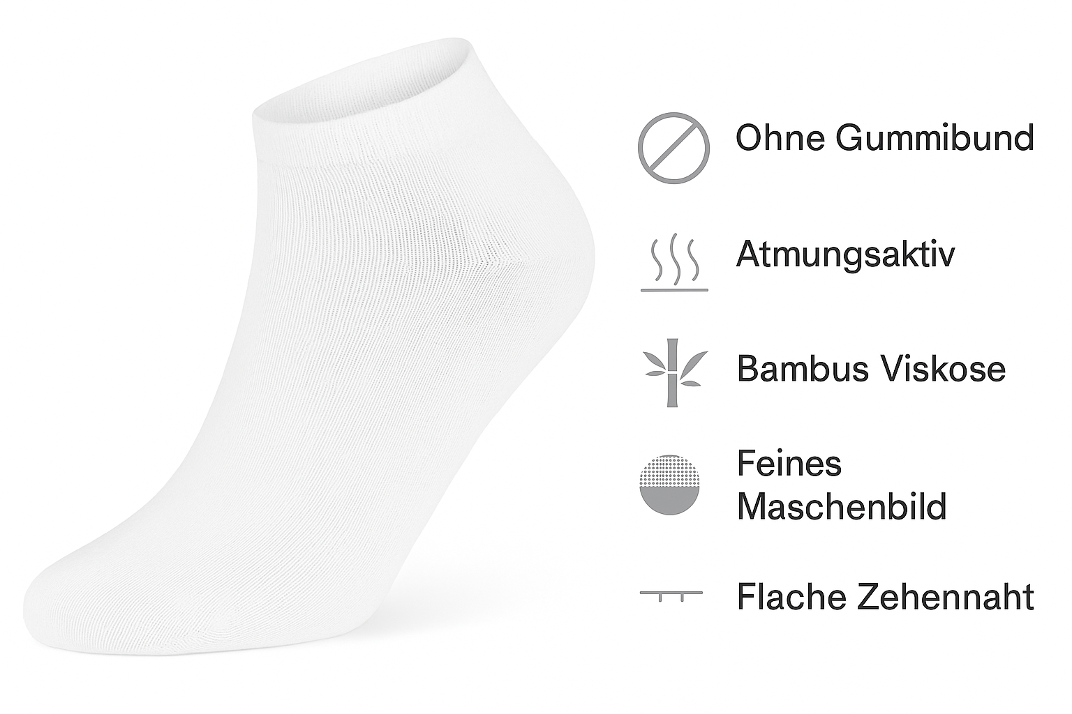 Auf dem Bild siehst du eine weiße Sneaker Socke und eine Auflistung der Vorteile dieser Socke: Ohne Gummi, atmungsaktiv, feines Maschenbild, flache Zehennaht.