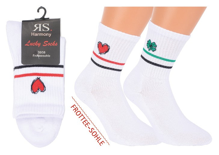 Weiße Tennissocken Set mit Herz und Kleeblatt Motiv, Ringel im Schaft, Frotteesohle und Crew Schafthöhe