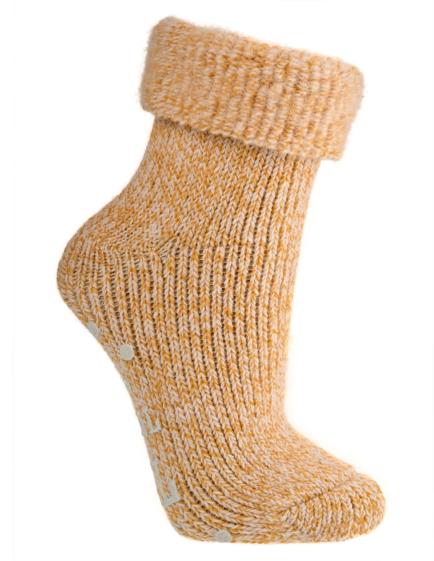 Gelbe Thermo Wollsocken mit ABS Druck und Umschlag als warme Anti Rutsch Socken
