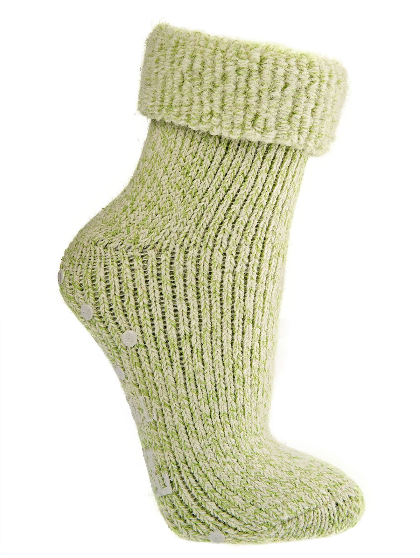Grüne ABS Wollsocken Thermo mit Umschlag und rutschhemmendem ABS Druck für zuhause