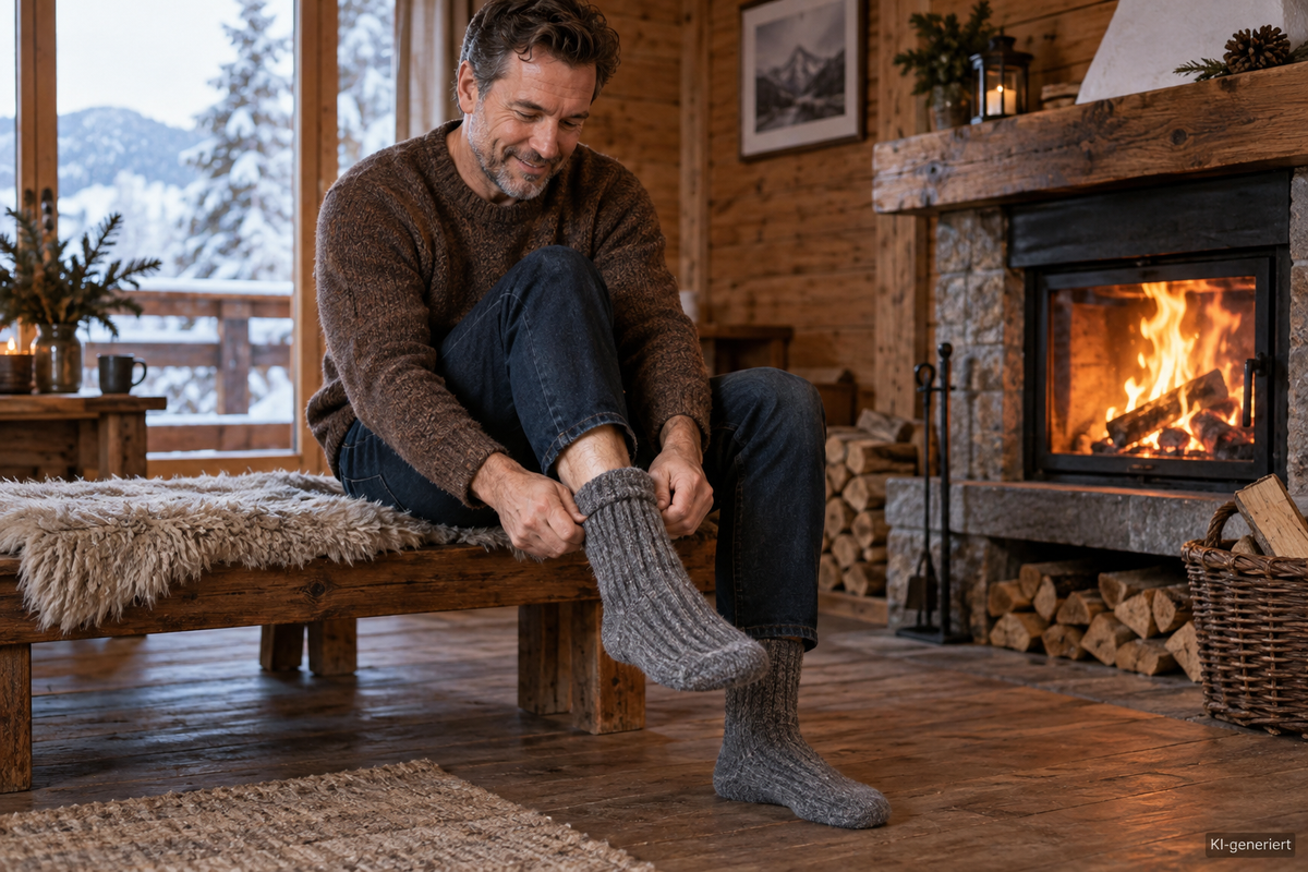 Mann zieht graue Thermosocken für Herren in einer winterlichen Holzhütte vor dem Kamin an