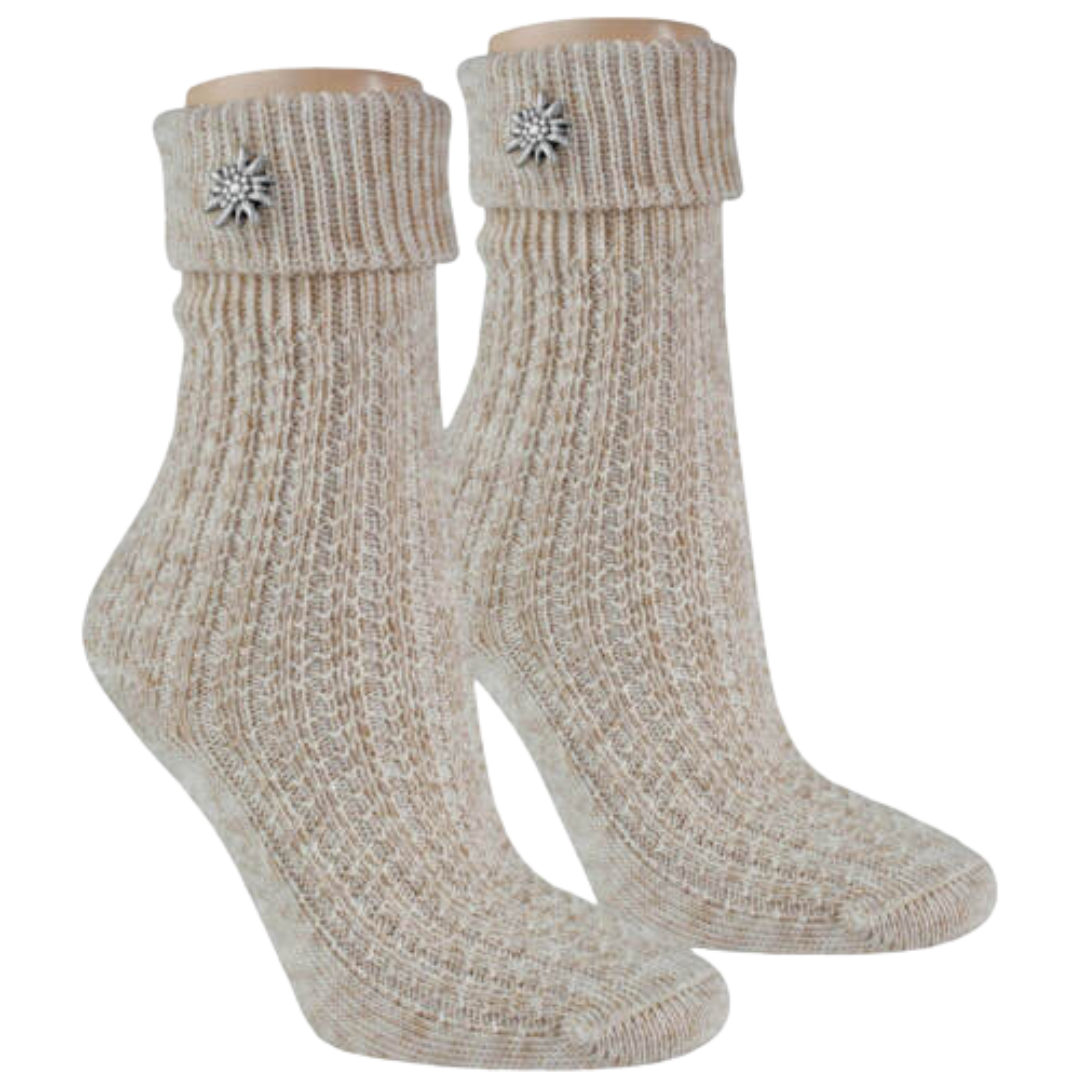 Trachtensocken natur mit Edelweiß Ansteckpin, strukturstrick, handgekettelte Fußspitze ohne Naht