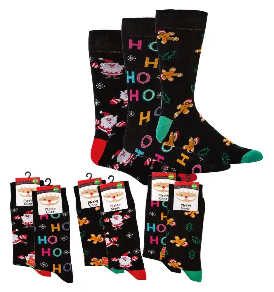 Weihnachtssocken Motivmix Übersicht in Schwarz, Nikolaus und HO HO HO Designs, Motivsocken Set