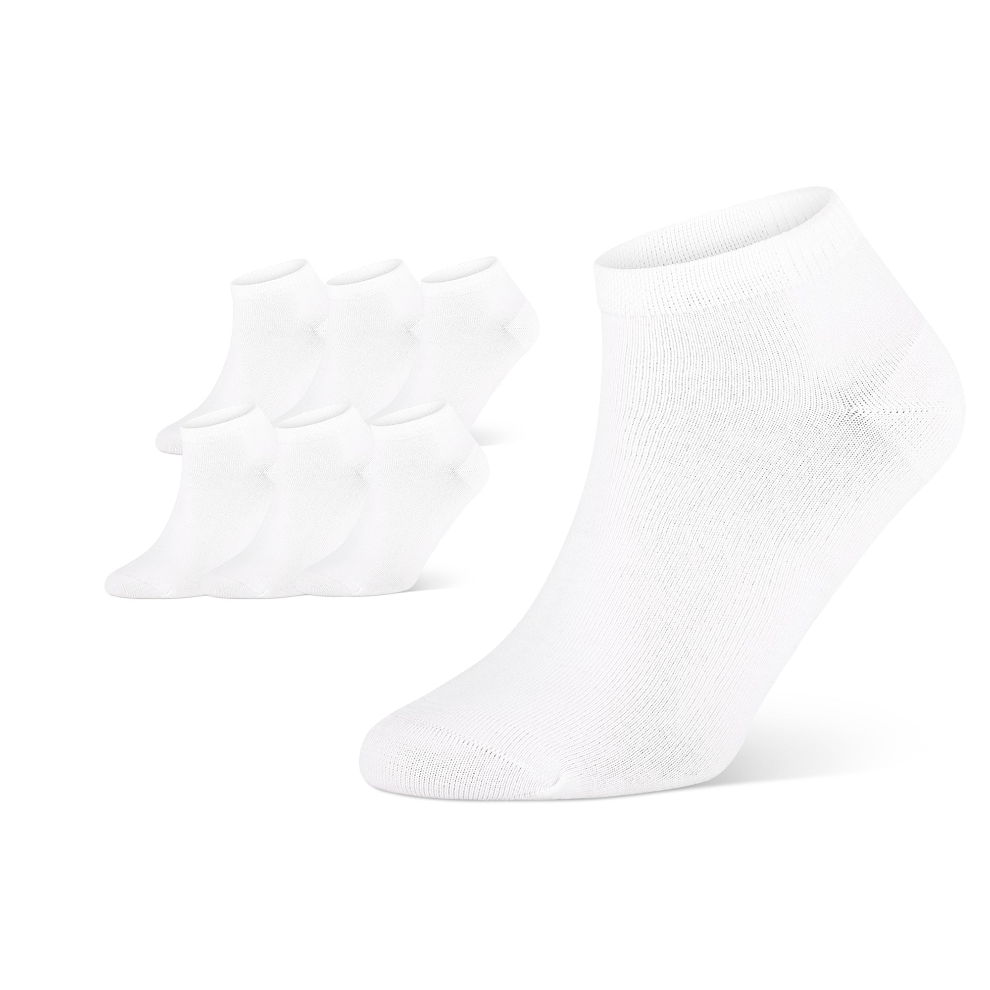 Auf dem Bild siehst du weiße Bambus Viskose Socken. Eine Socke im Vordergrund als Nahaufnahem. 6 Paar Socken im Hintergrund.